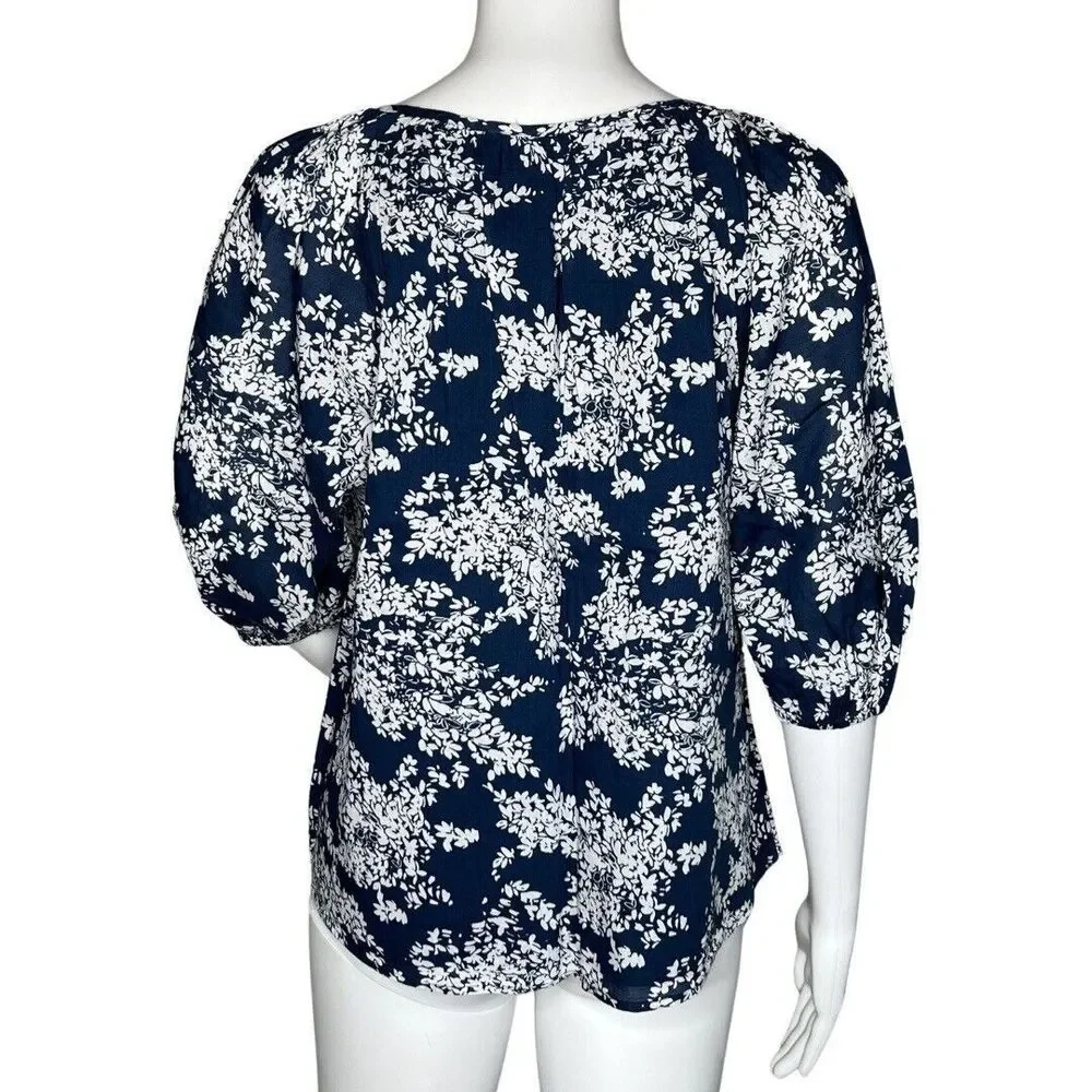Abercrombie Fitch Shirt Womens Small Navy Blue White Floral Peasant‎ Blouse Boho